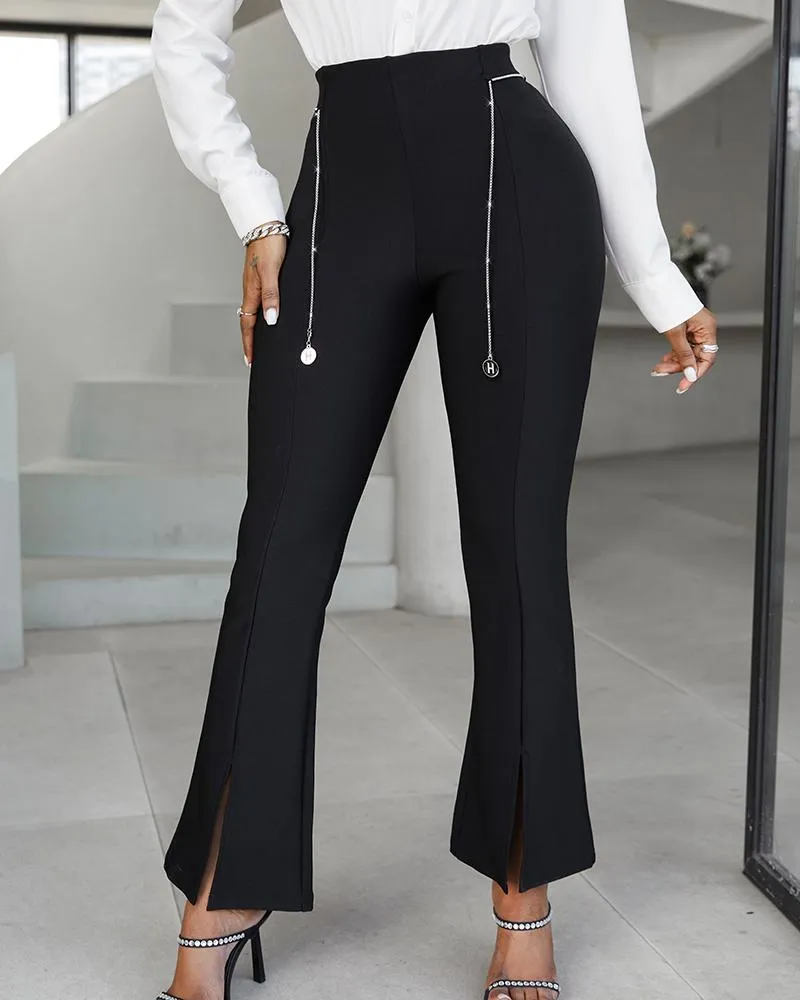 High Waist Chain Decor Slit Pants