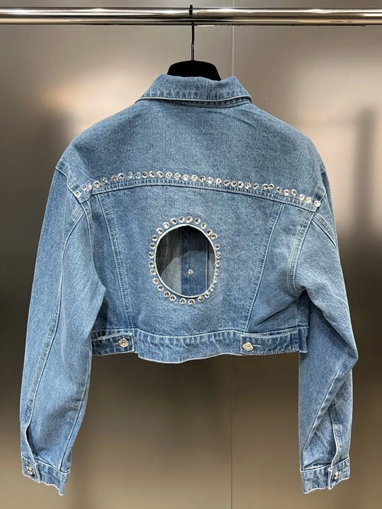 Hollow Out Denim Jackets For Women Lapel Long Sleeve Spliced Diamonds Slimming Short Jacket Female Fashion Clothing