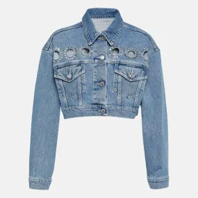 Hollow Out Denim Jackets For Women Lapel Long Sleeve Spliced Diamonds Slimming Short Jacket Female Fashion Clothing