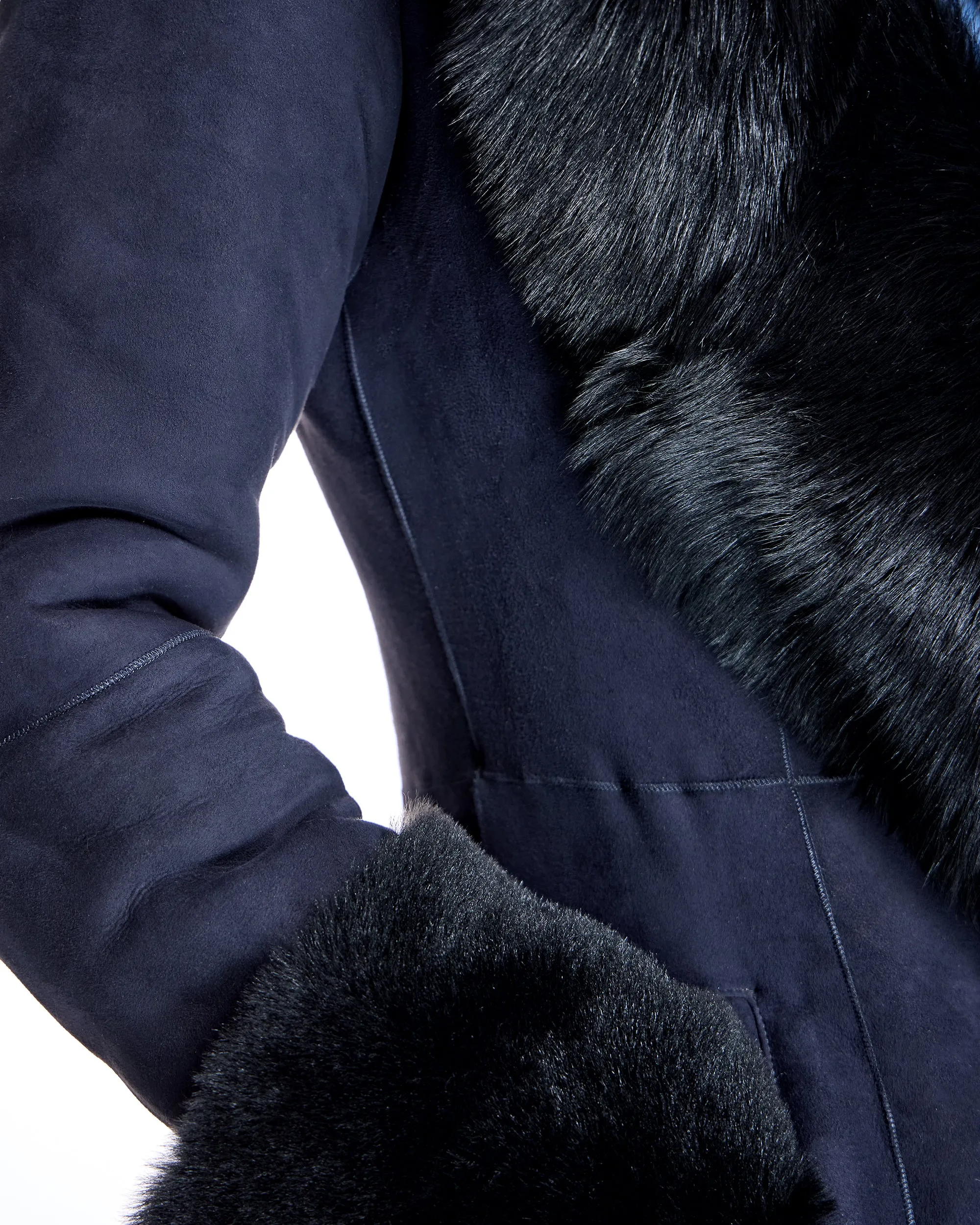 Hooded Shearling Short Coat with Ruffle Trim