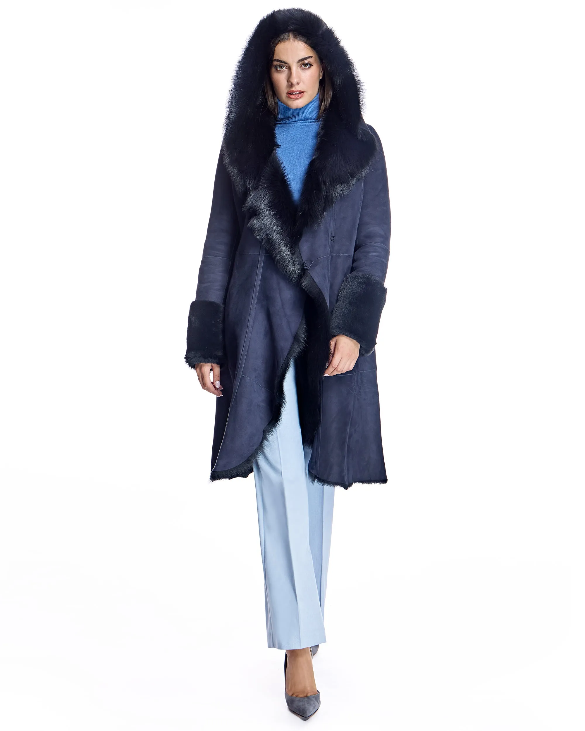 Hooded Shearling Short Coat with Ruffle Trim