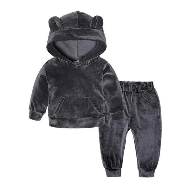 Kids Warm 2Pc "Tracksuit" Attached Hood Polyester Blend Velour Texture