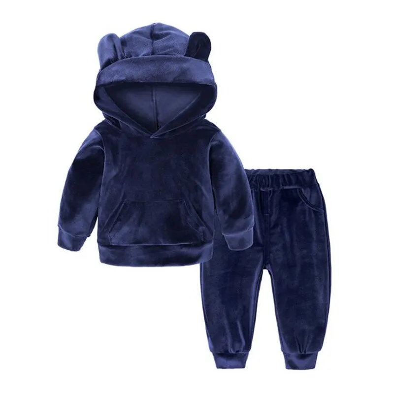 Kids Warm 2Pc "Tracksuit" Attached Hood Polyester Blend Velour Texture