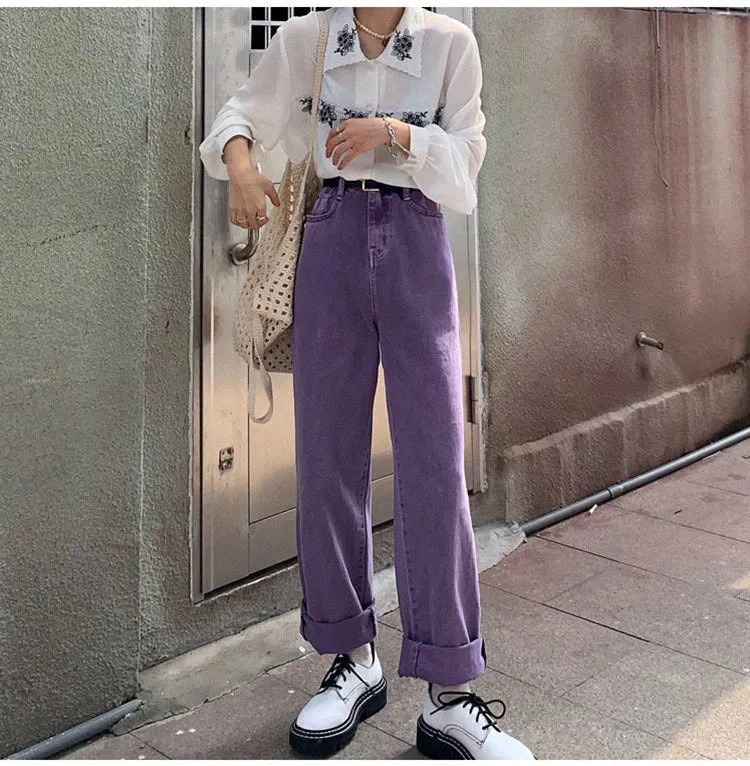 KittenAlarm - High Waist Loose Purple Jeans Pants