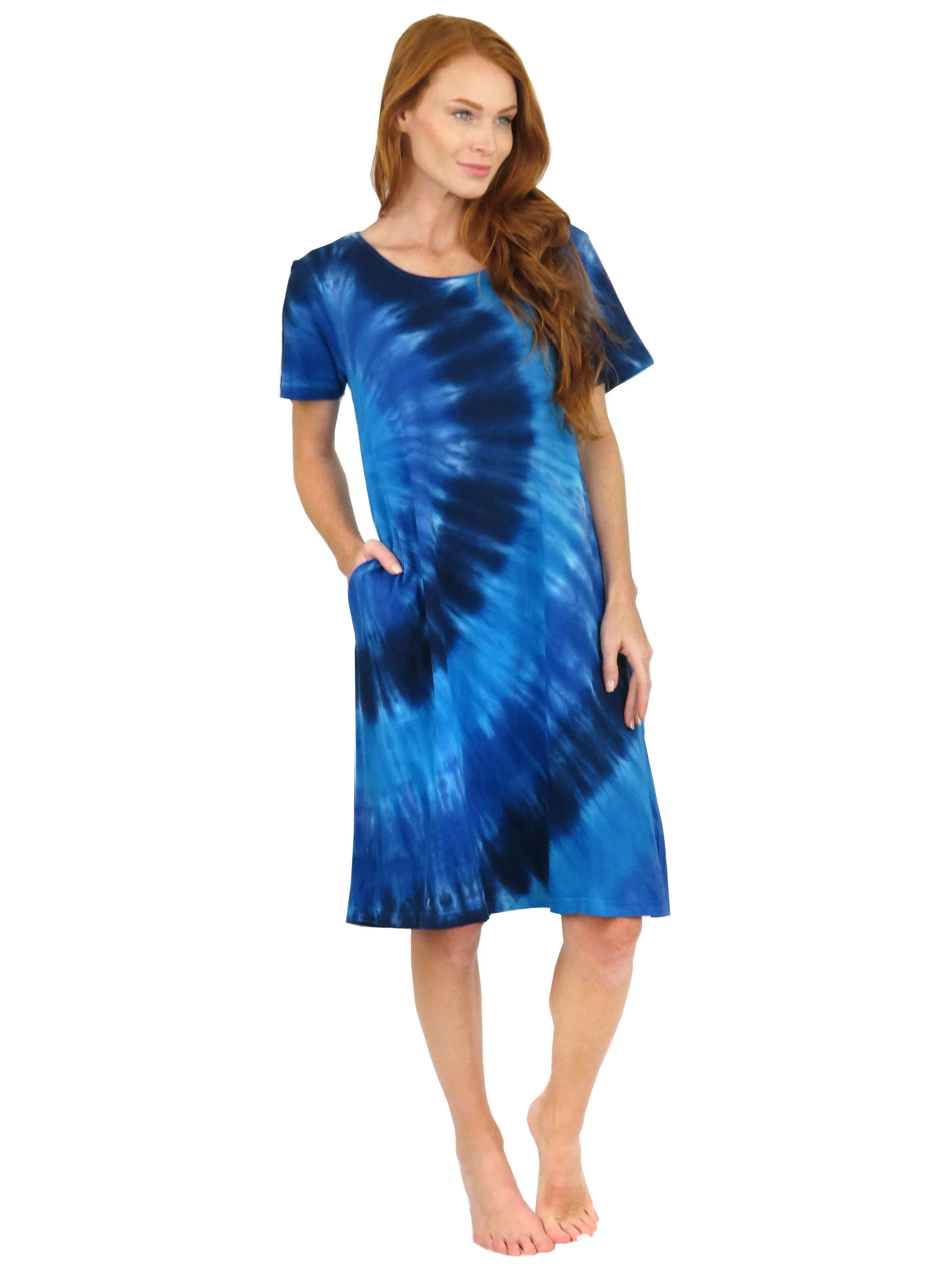 La Cera Cotton Knit Short Sleeve Denim Blue Tie-Dye Dress