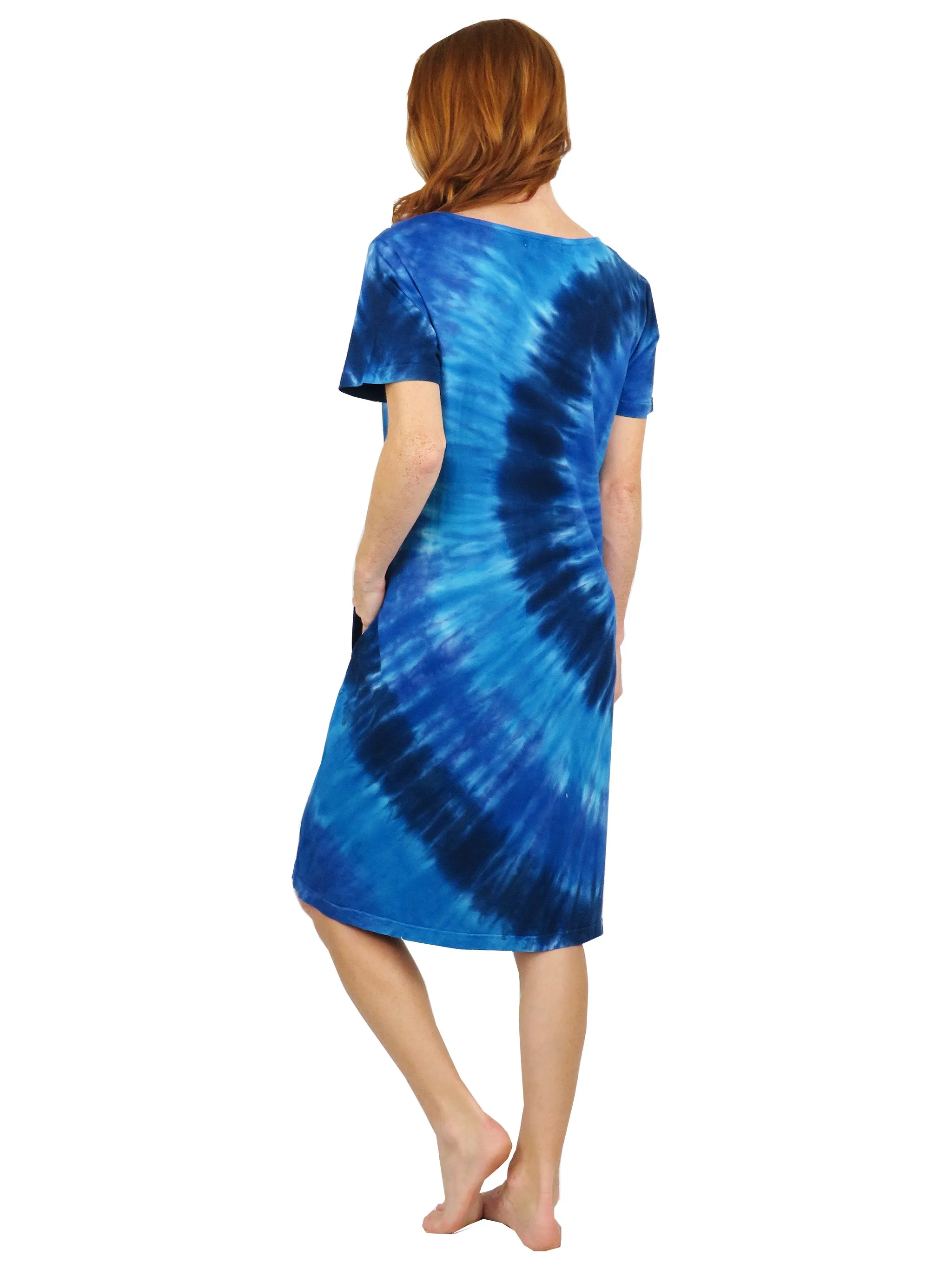 La Cera Cotton Knit Short Sleeve Denim Blue Tie-Dye Dress