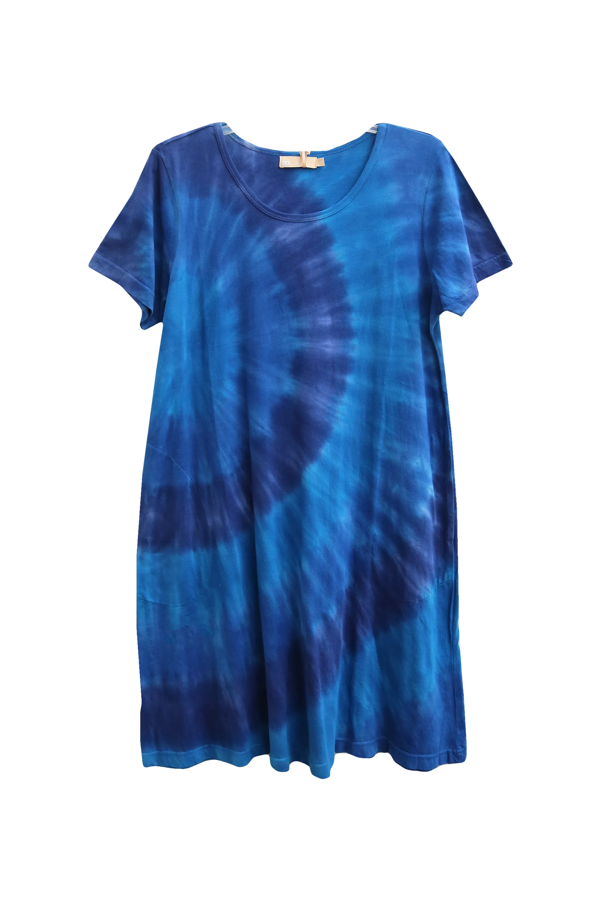 La Cera Cotton Knit Short Sleeve Denim Blue Tie-Dye Dress