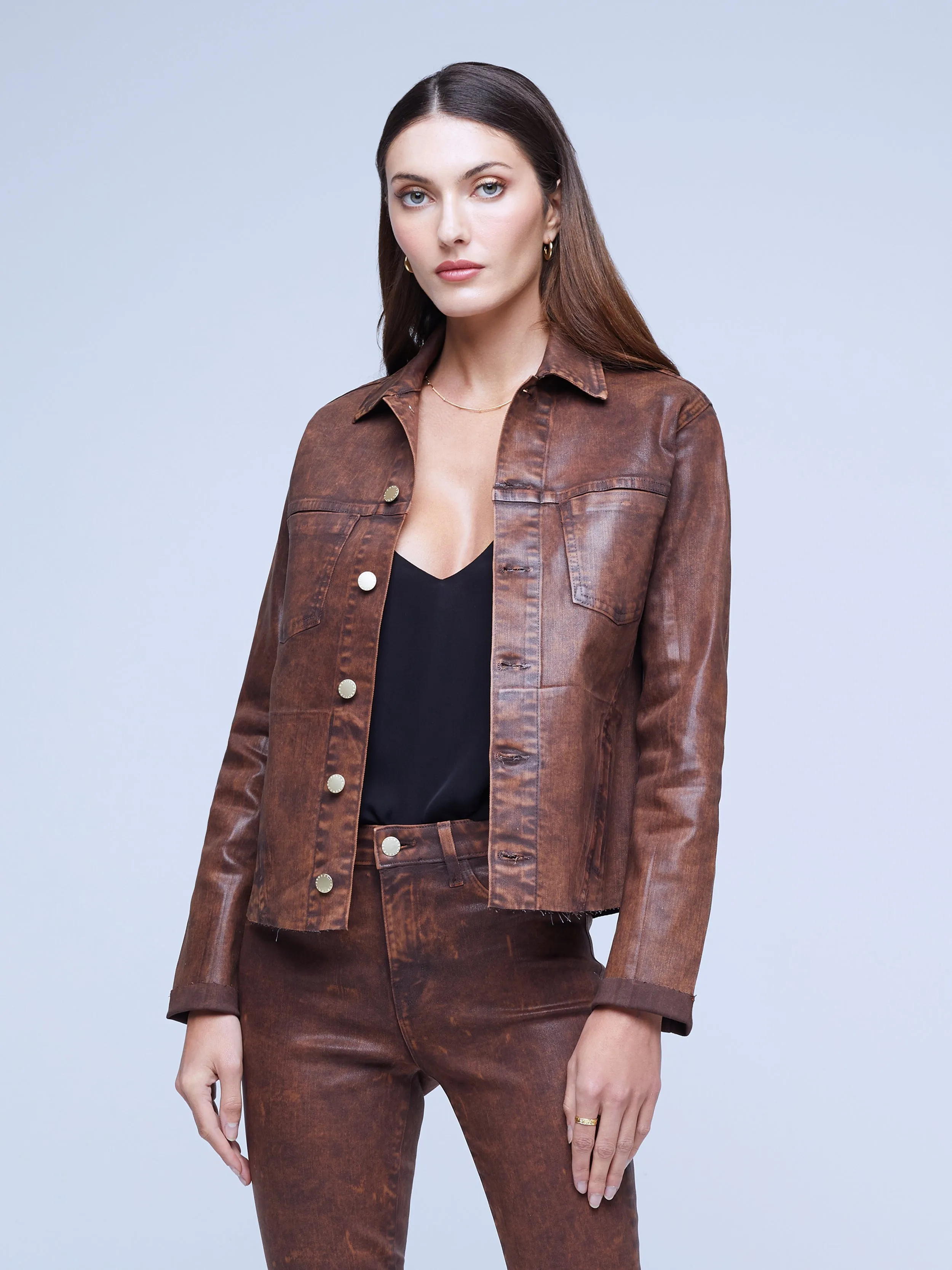 L'AGENCE Janelle Slim Raw Jean Jacket in Cocoa Mineral