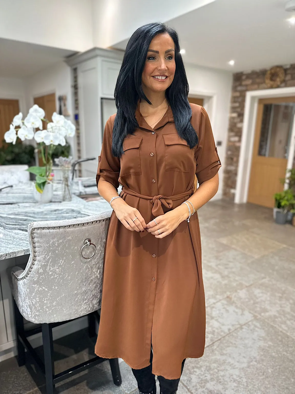 Latte Belted Shirt Dress Hattie