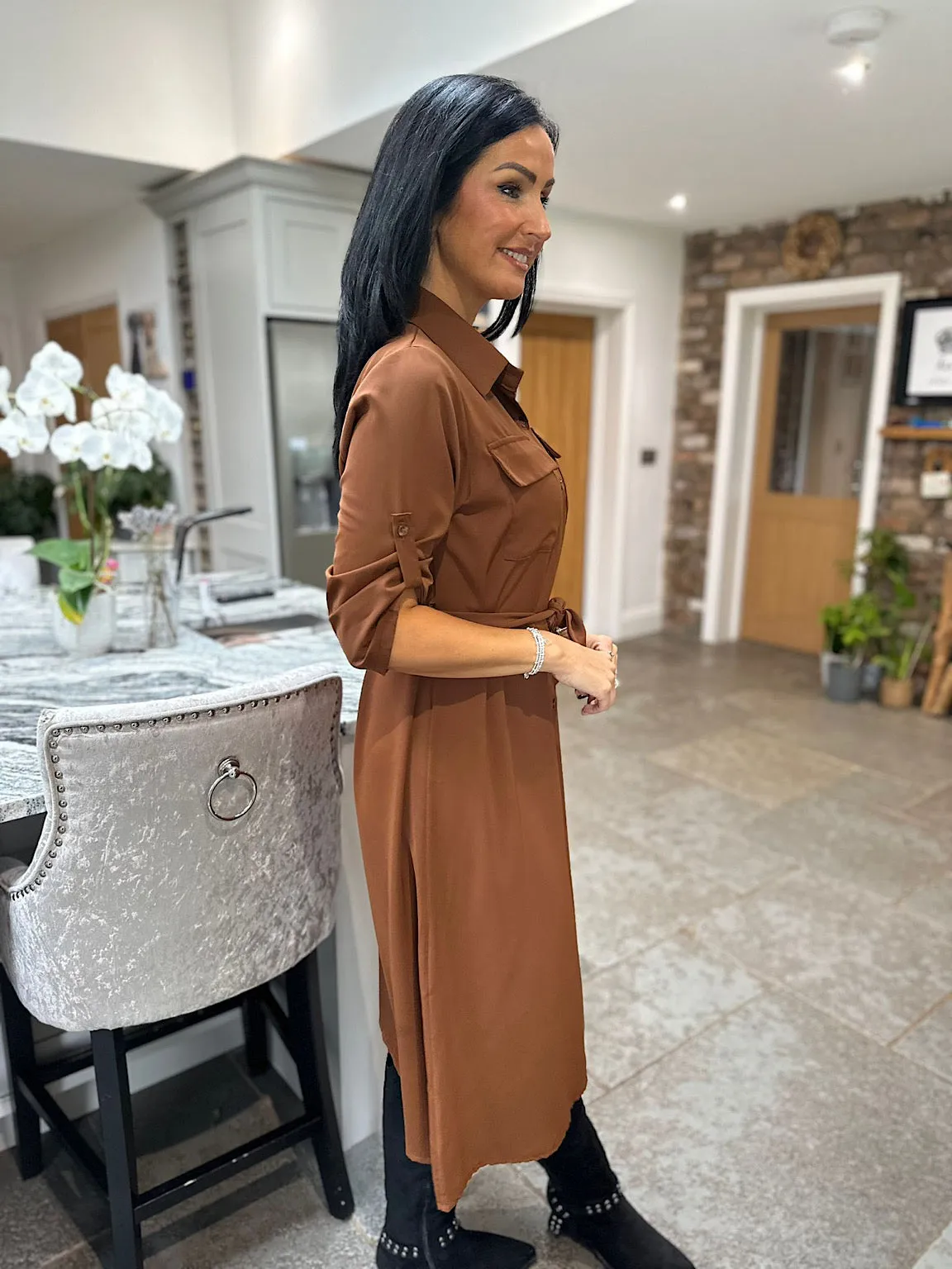 Latte Belted Shirt Dress Hattie