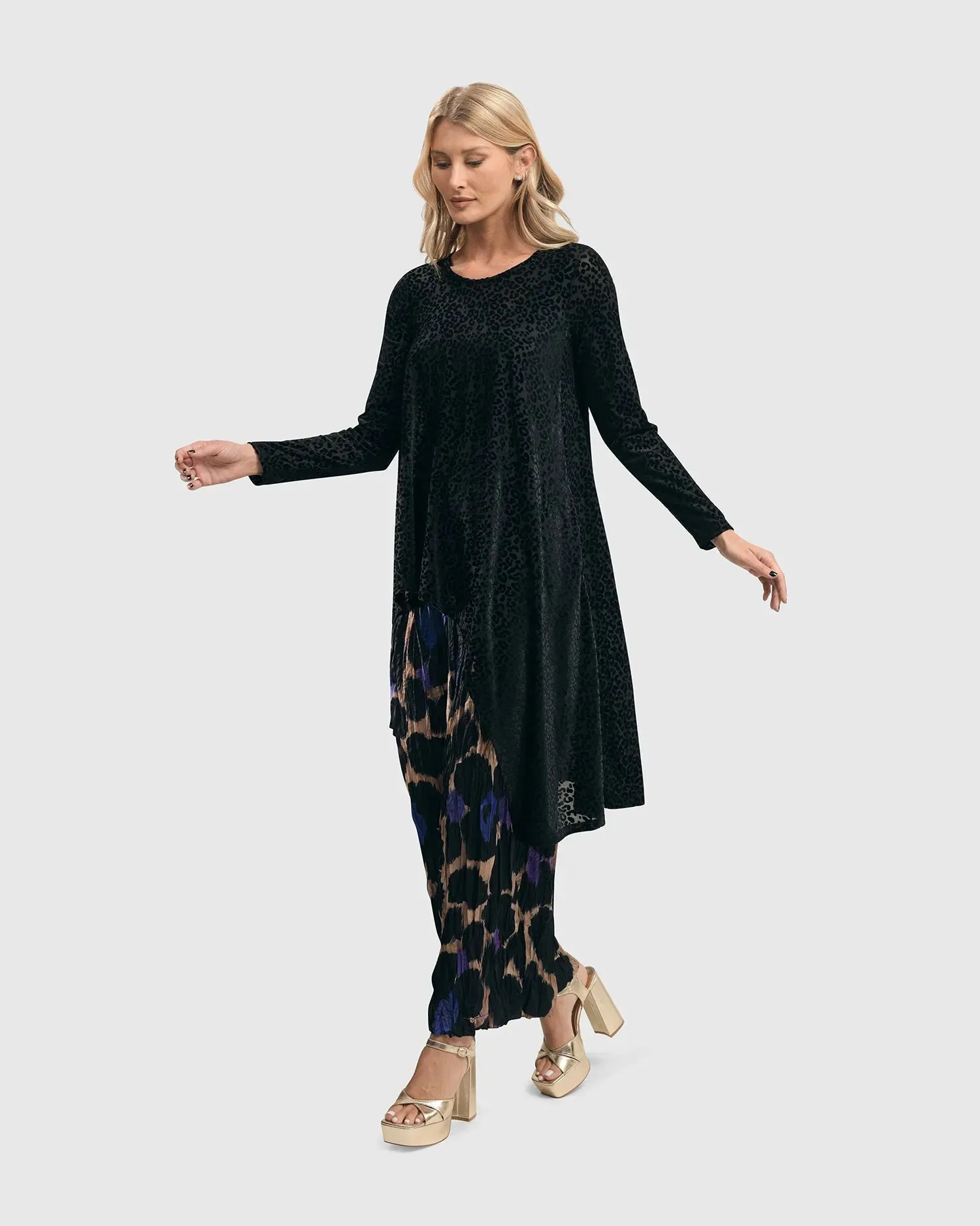 Leo Flocked Velvet Hi-Lo Tunic Top, Black