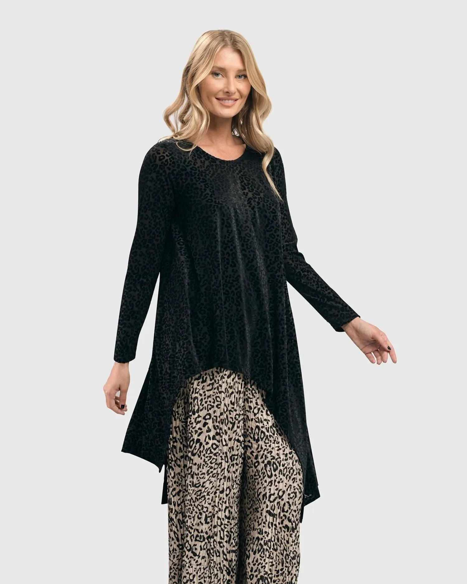 Leo Flocked Velvet Hi-Lo Tunic Top, Black