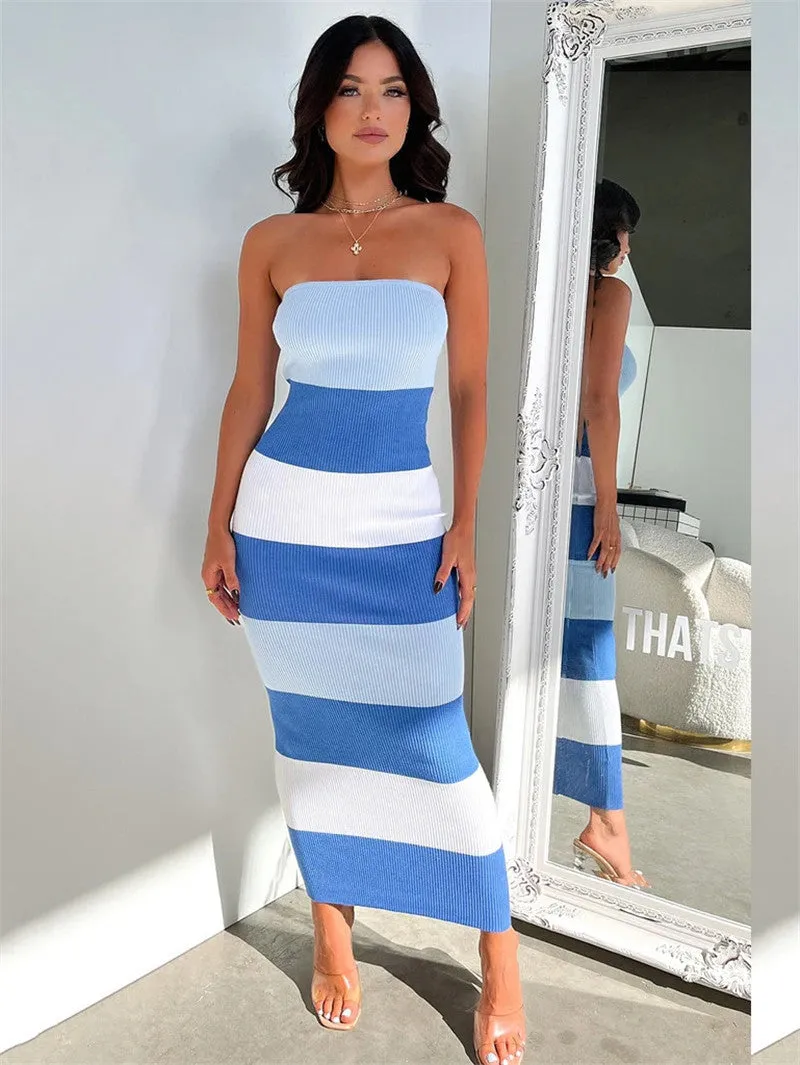 Linda Contrast Colors Strapless Knit Midi Dress