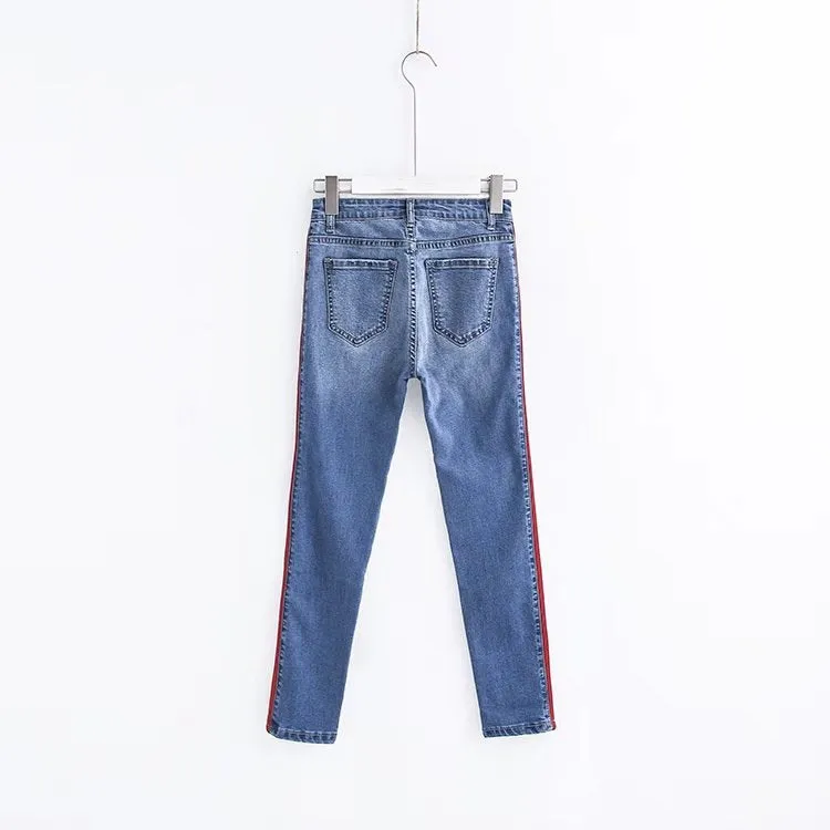 Lipstick Red/White Side Stripe High Waist Jeans - Blue