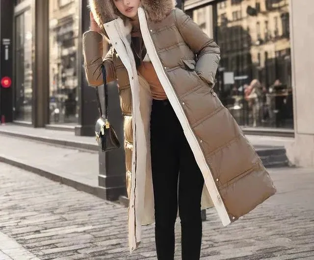 Long Puffer Coat with Fur Hood