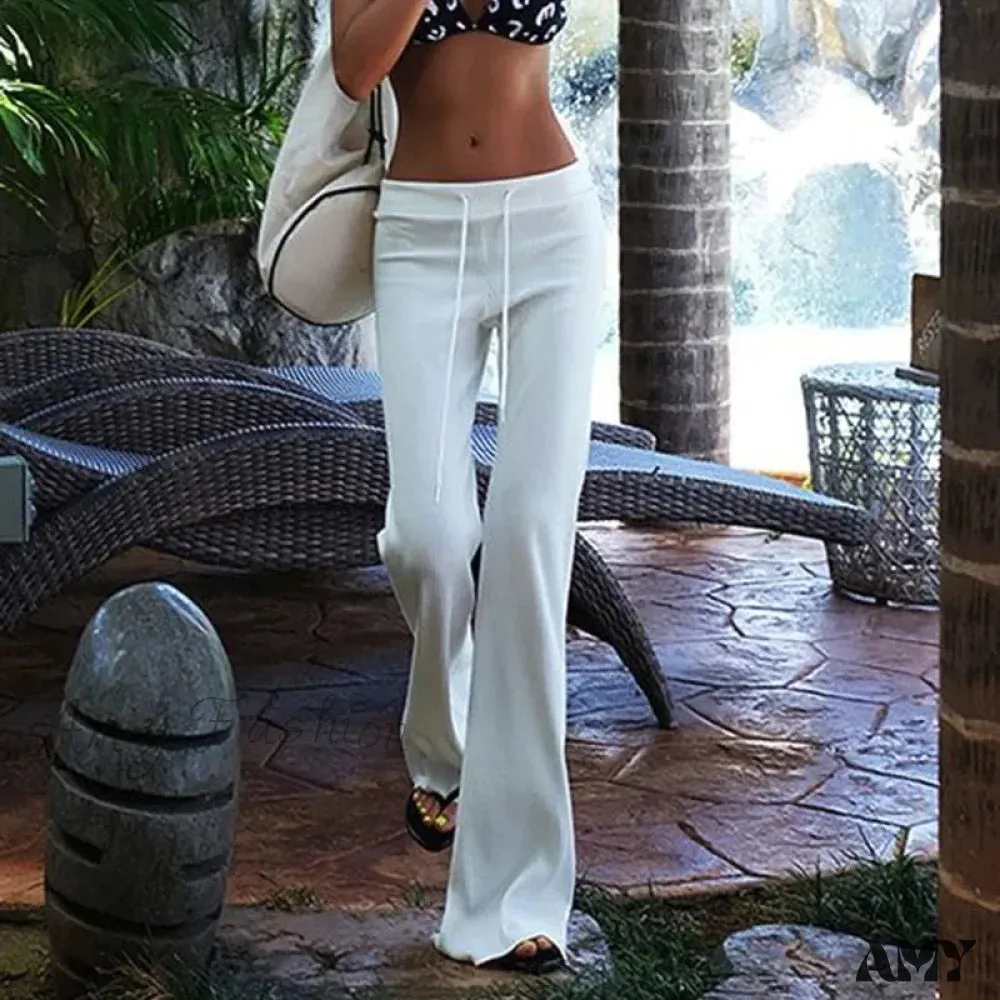 Loose Little Flare Solid White Casual Super Soft Pants