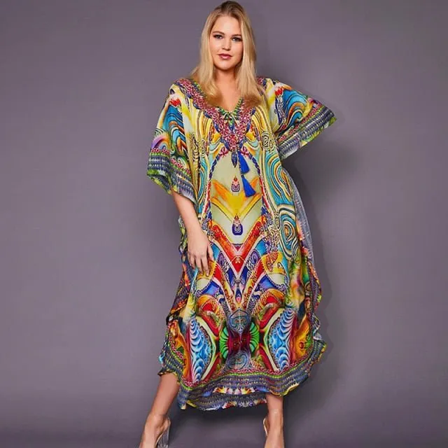 LORYLEI Lovely Bohemian Style Cotton Rayon Blend Print Befree Beach Cruise Dress