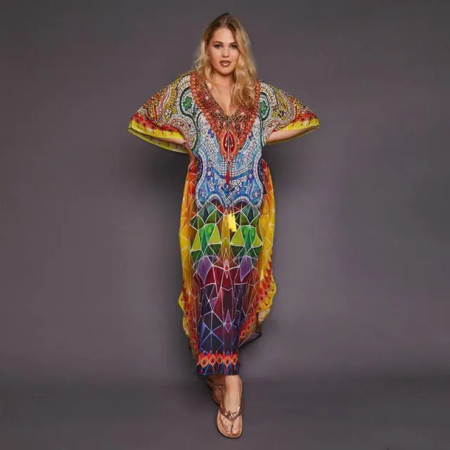 LORYLEI Lovely Bohemian Style Cotton Rayon Blend Print Befree Beach Cruise Dress