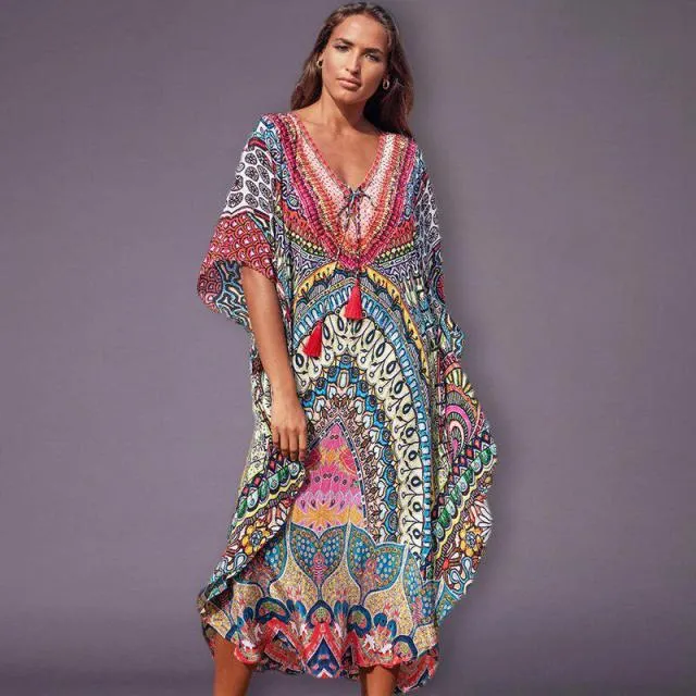 LORYLEI Lovely Bohemian Style Cotton Rayon Blend Print Befree Beach Cruise Dress