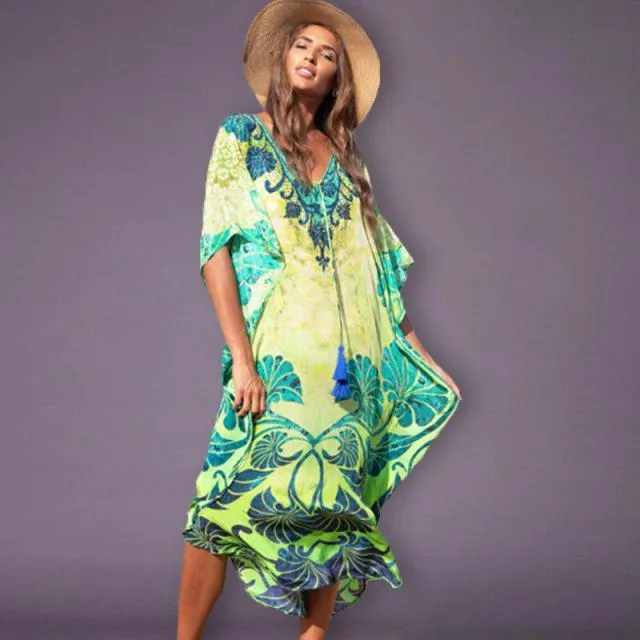 LORYLEI Lovely Bohemian Style Cotton Rayon Blend Print Befree Beach Cruise Dress