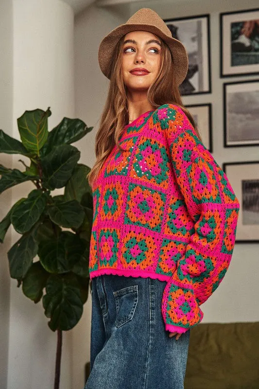 Mae Bae Crochet Patchwork Round Neck Pullover Sweater Top