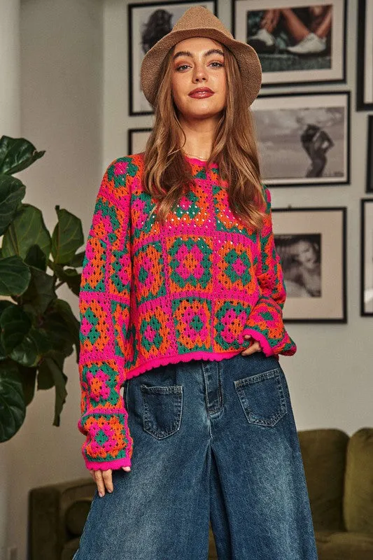 Mae Bae Crochet Patchwork Round Neck Pullover Sweater Top