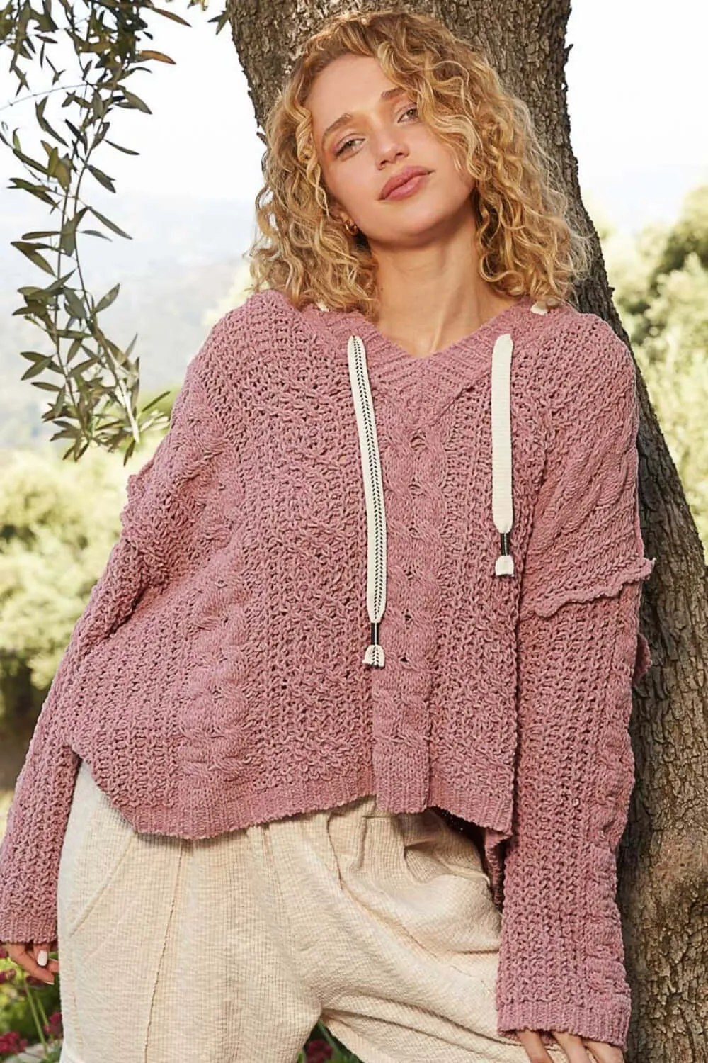 Mauve Cable Knit Hooded Chenille Sweater