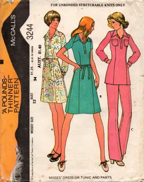 McCall's 3244 Womens Stretch Knit Dress Tunic & Pants 1970s Vintage Sewing Pattern Size 12 Bust 34 inches UNCUT Factory Folded