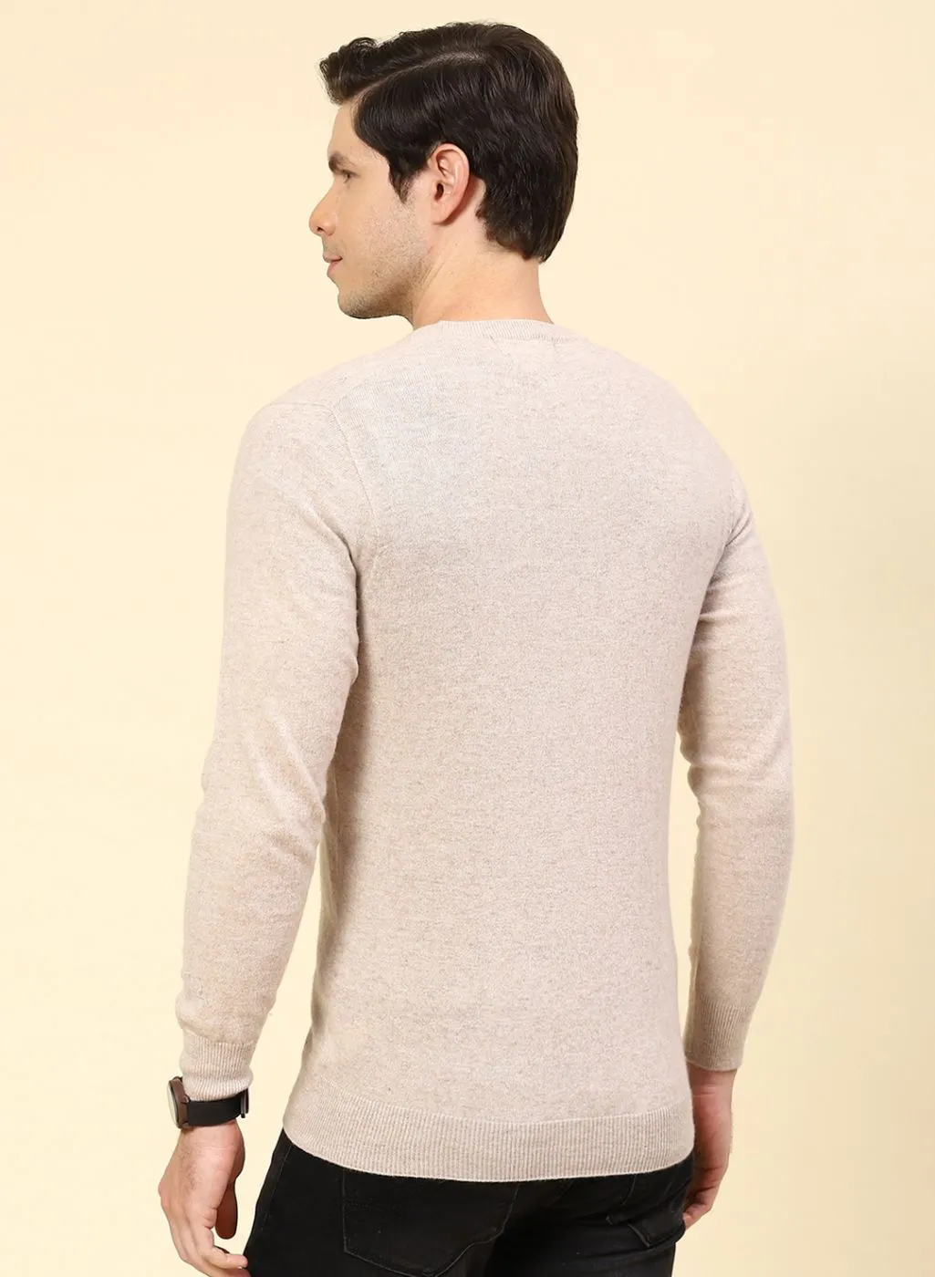 Men Beige Solid Lamb wool Pullover