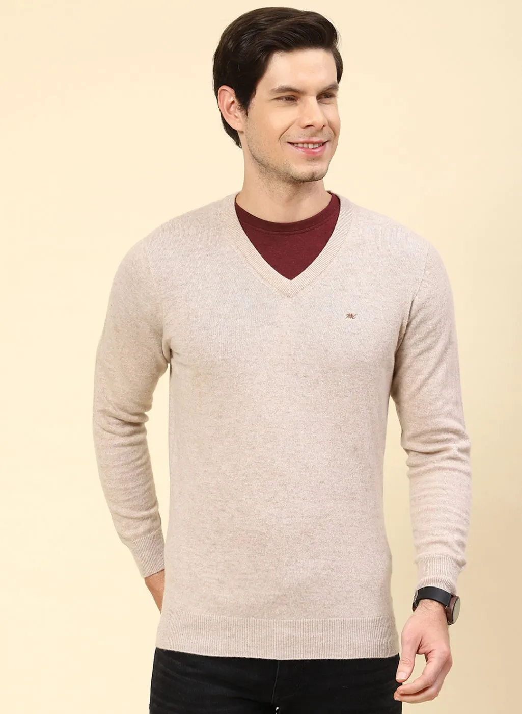 Men Beige Solid Lamb wool Pullover