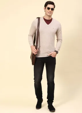 Men Beige Solid Lamb wool Pullover