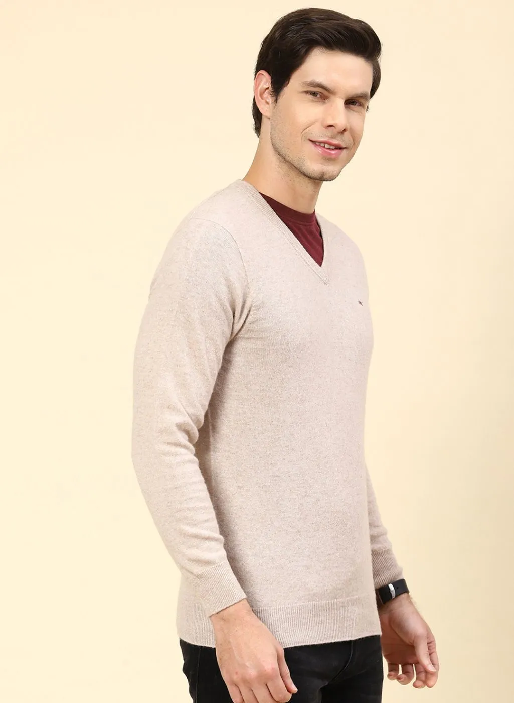 Men Beige Solid Lamb wool Pullover