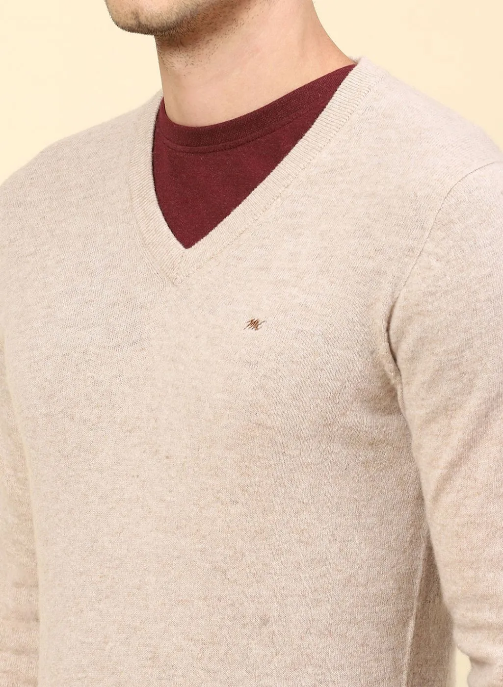 Men Beige Solid Lamb wool Pullover