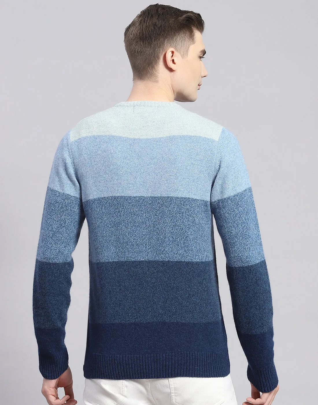 Men Blue Stripe V Neck Full Sleeve Pullover