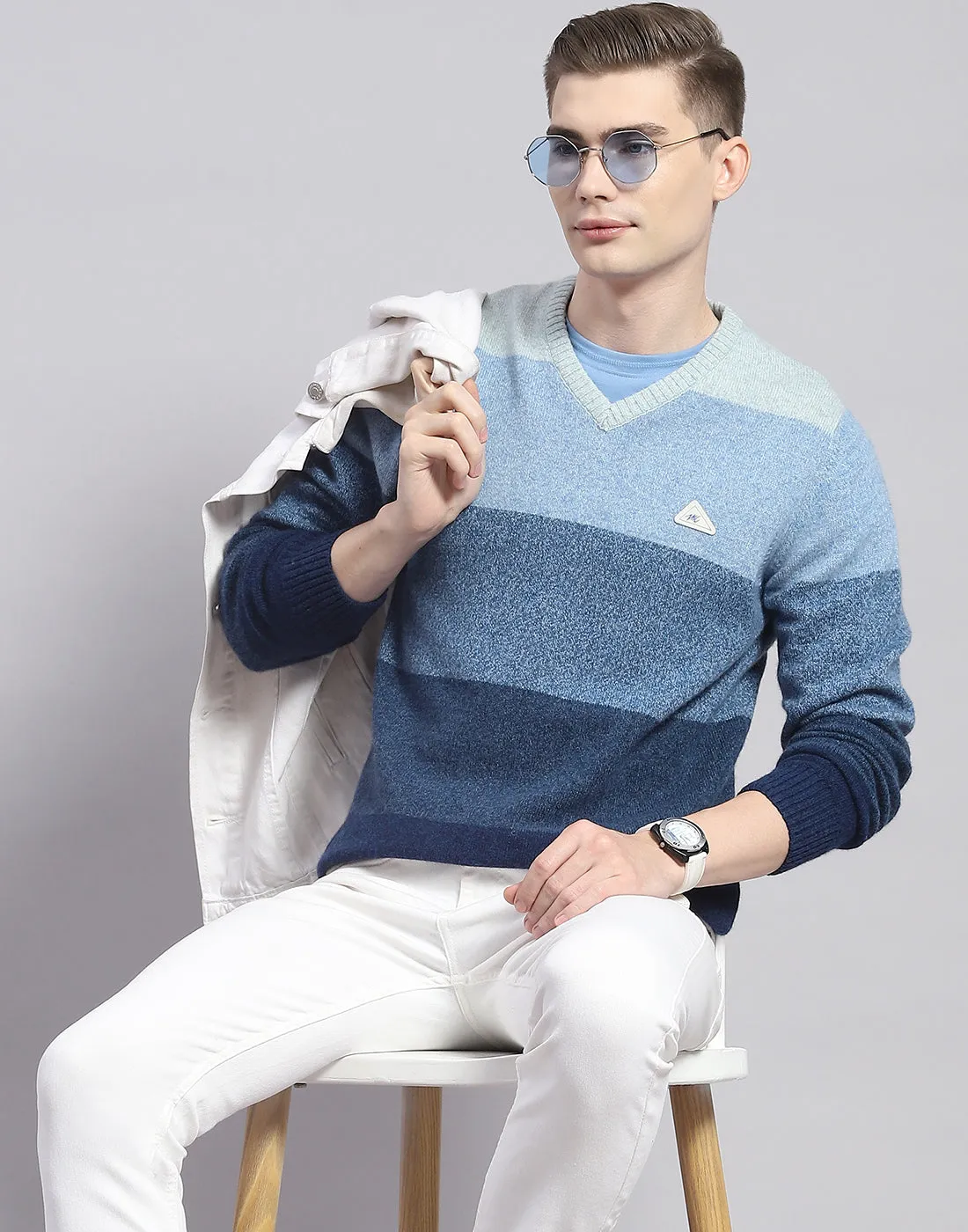 Men Blue Stripe V Neck Full Sleeve Pullover