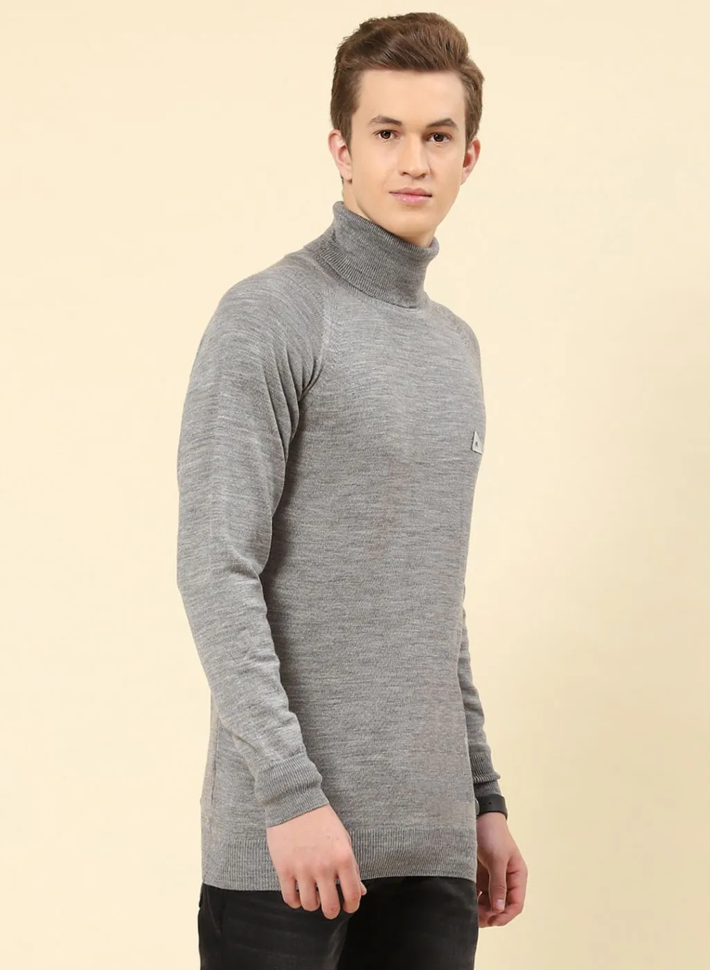 Men Grey Solid Blend wool Pullover