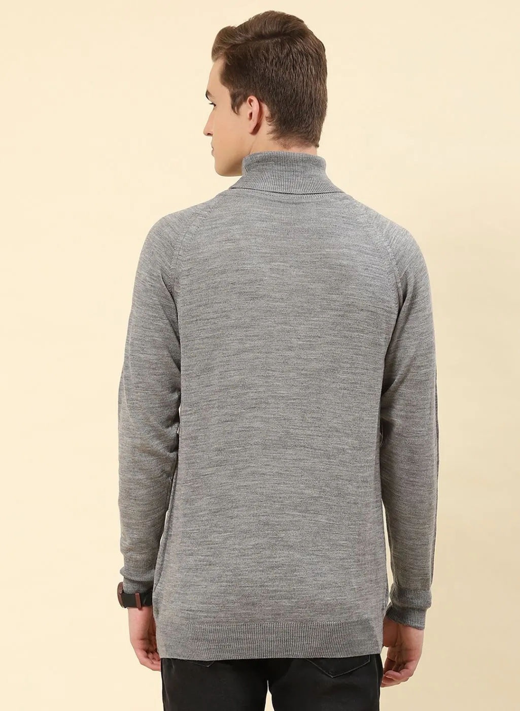 Men Grey Solid Blend wool Pullover