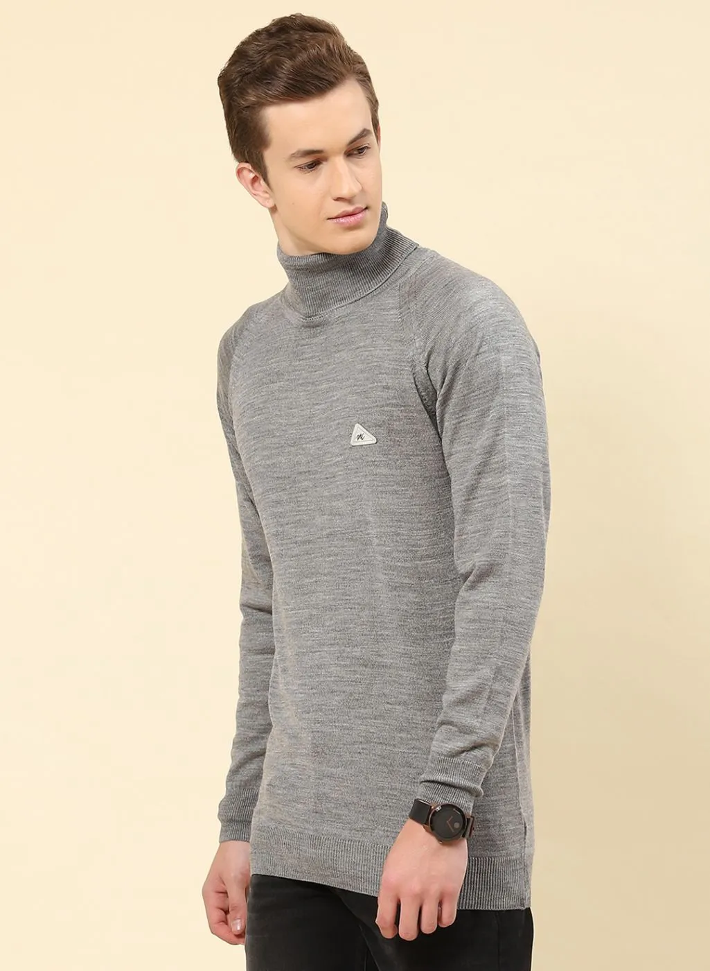 Men Grey Solid Blend wool Pullover