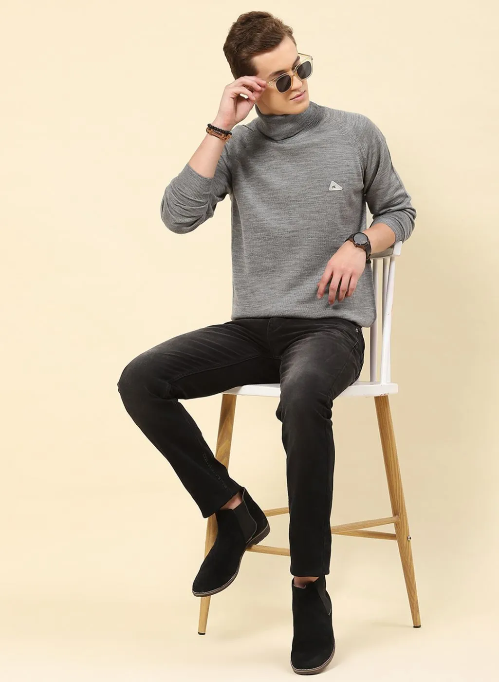 Men Grey Solid Blend wool Pullover