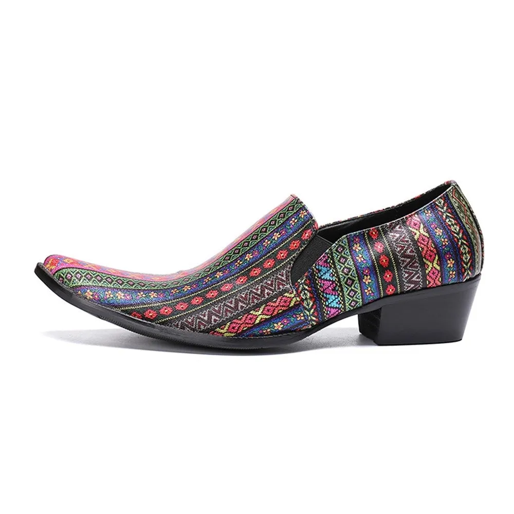 Men High Heel Printed Pointed Toe Loafer