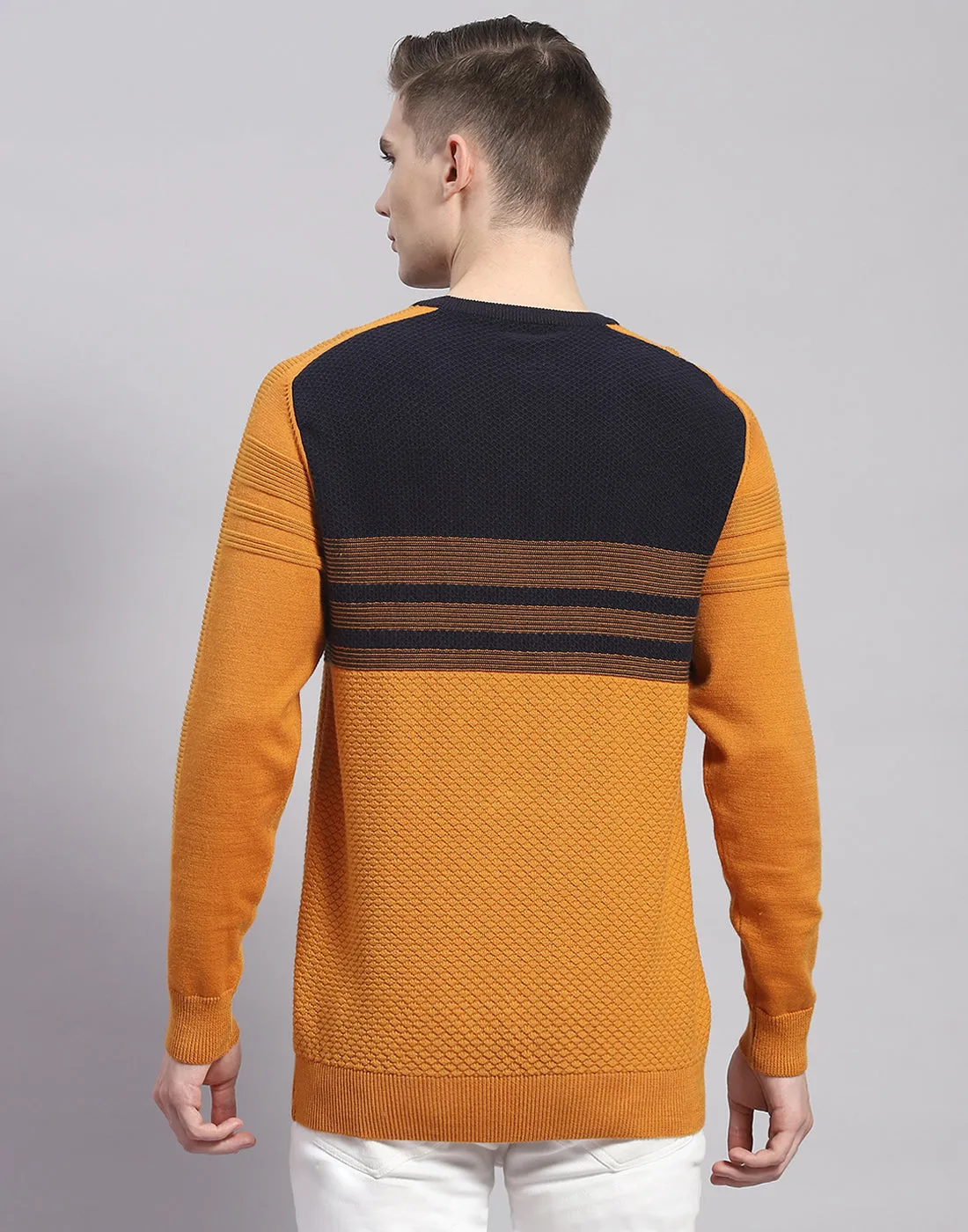 Men Mustard Solid Round Neck Full Sleeve Pullover