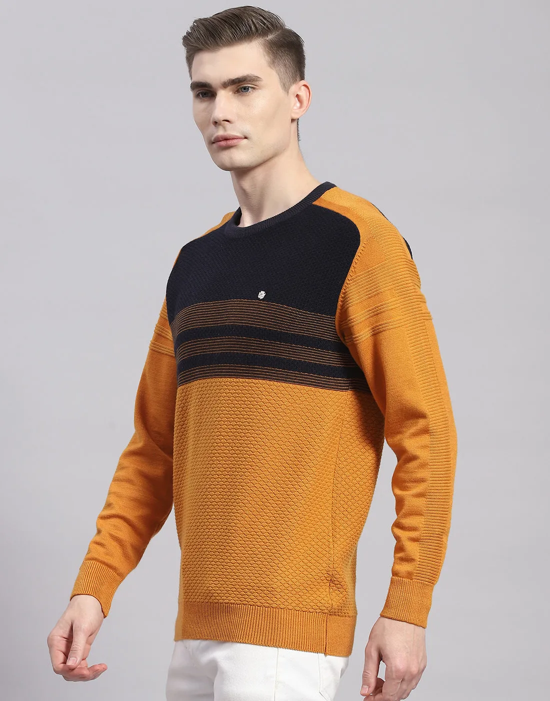 Men Mustard Solid Round Neck Full Sleeve Pullover