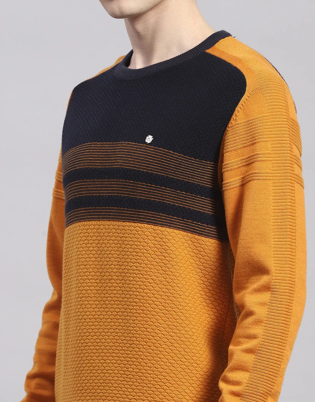 Men Mustard Solid Round Neck Full Sleeve Pullover