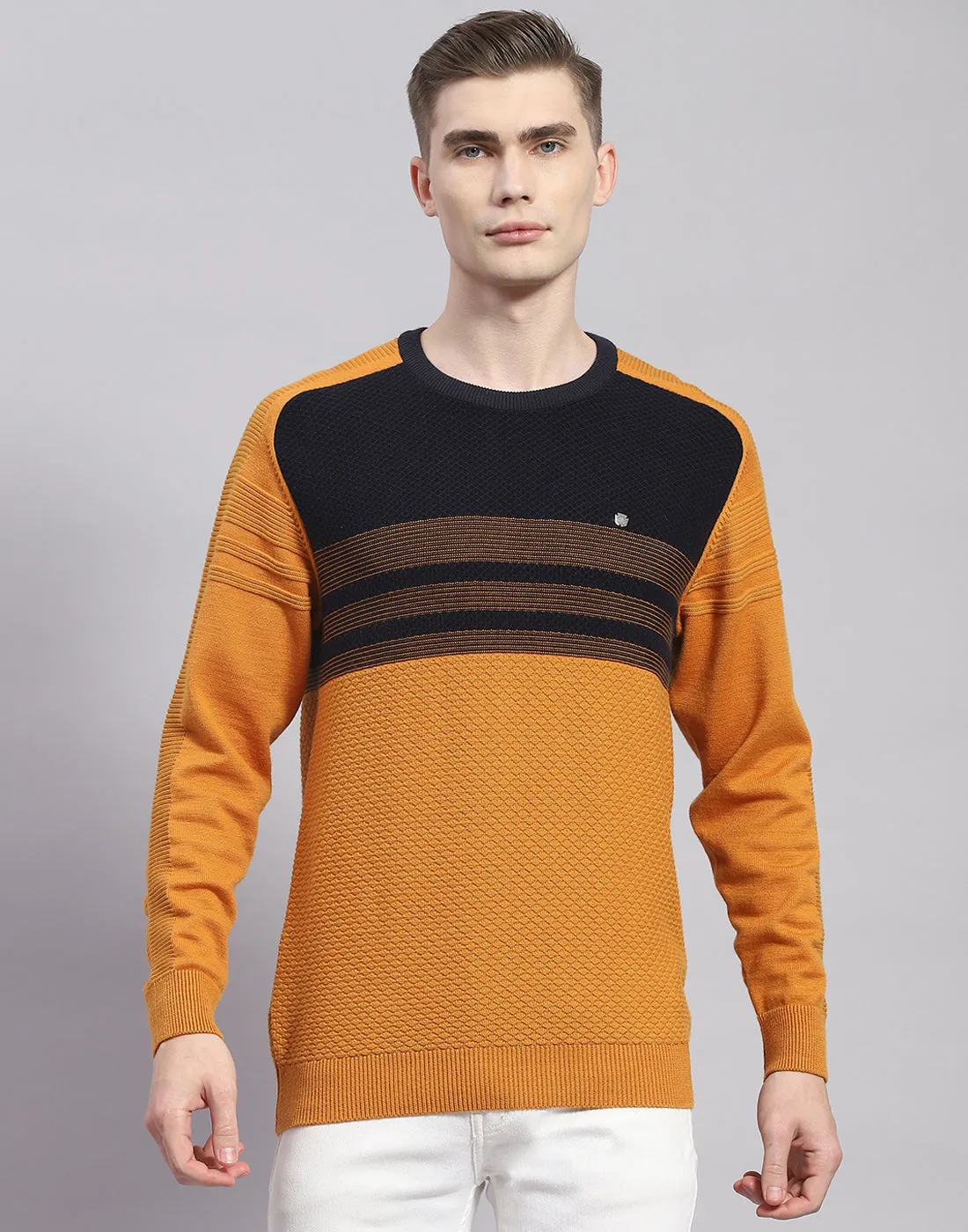 Men Mustard Solid Round Neck Full Sleeve Pullover