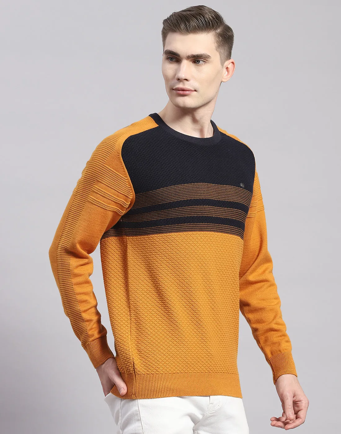 Men Mustard Solid Round Neck Full Sleeve Pullover