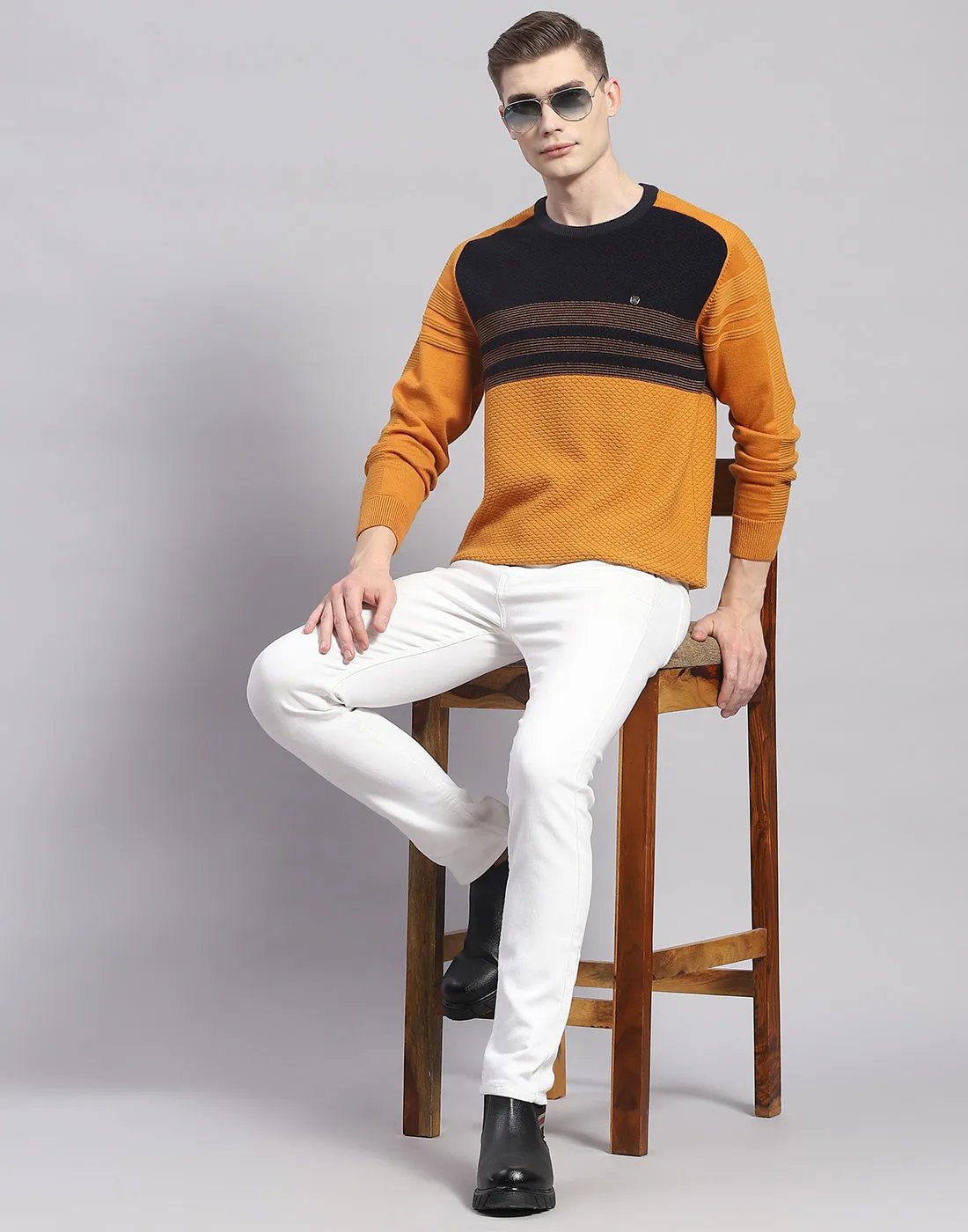 Men Mustard Solid Round Neck Full Sleeve Pullover