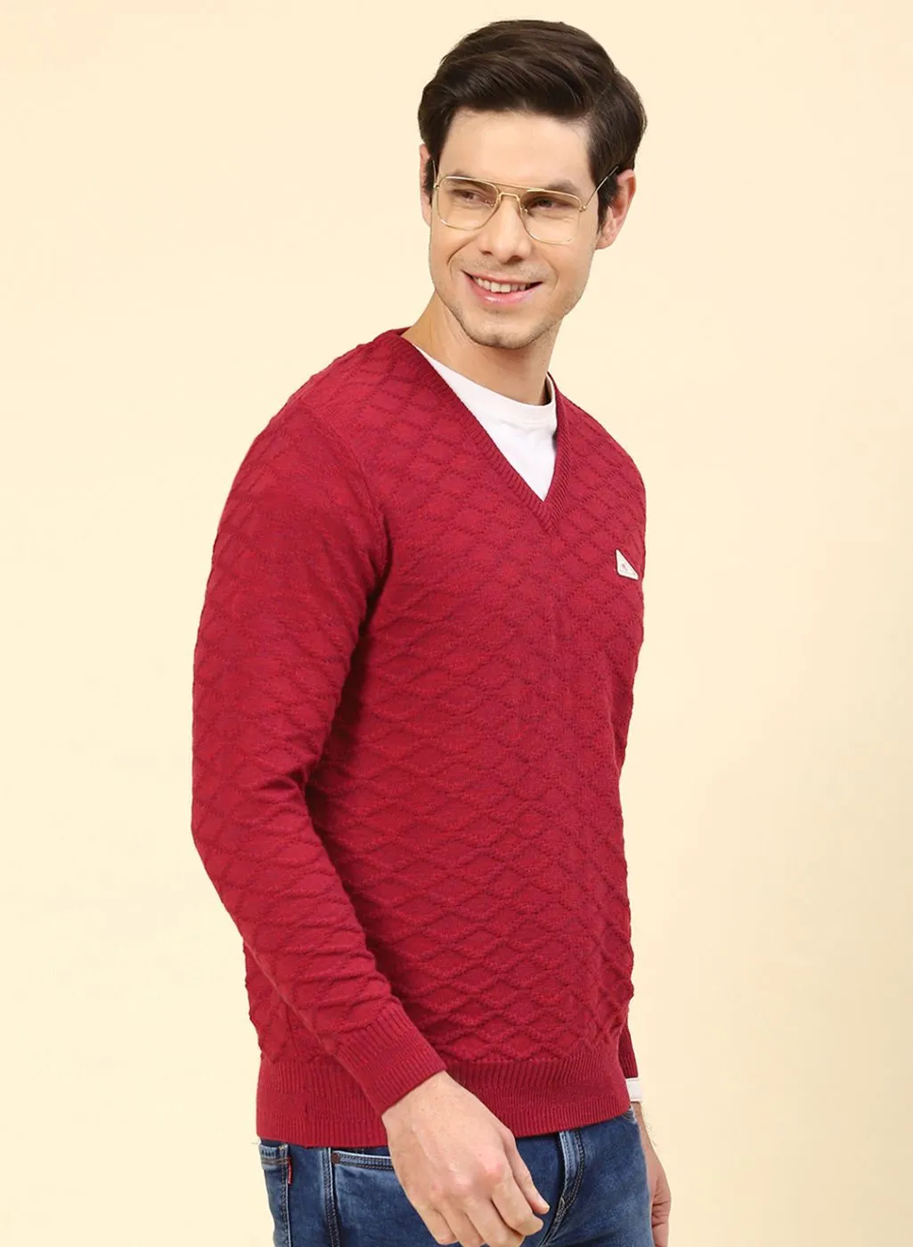 Men Red Self Design Wool blend Pullover