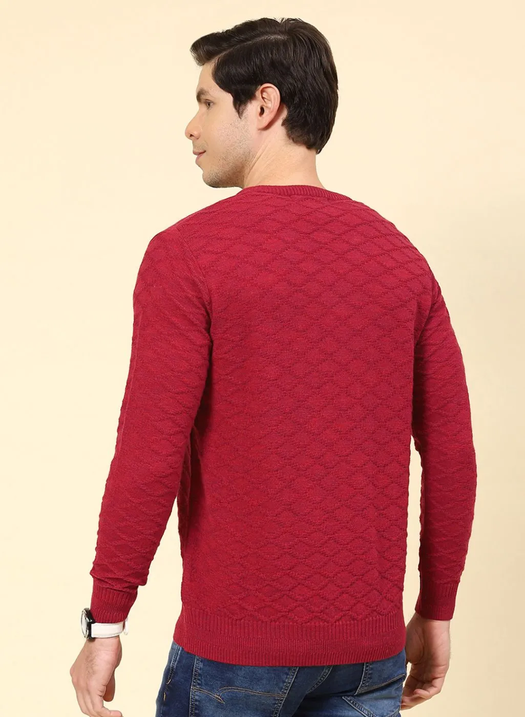 Men Red Self Design Wool blend Pullover