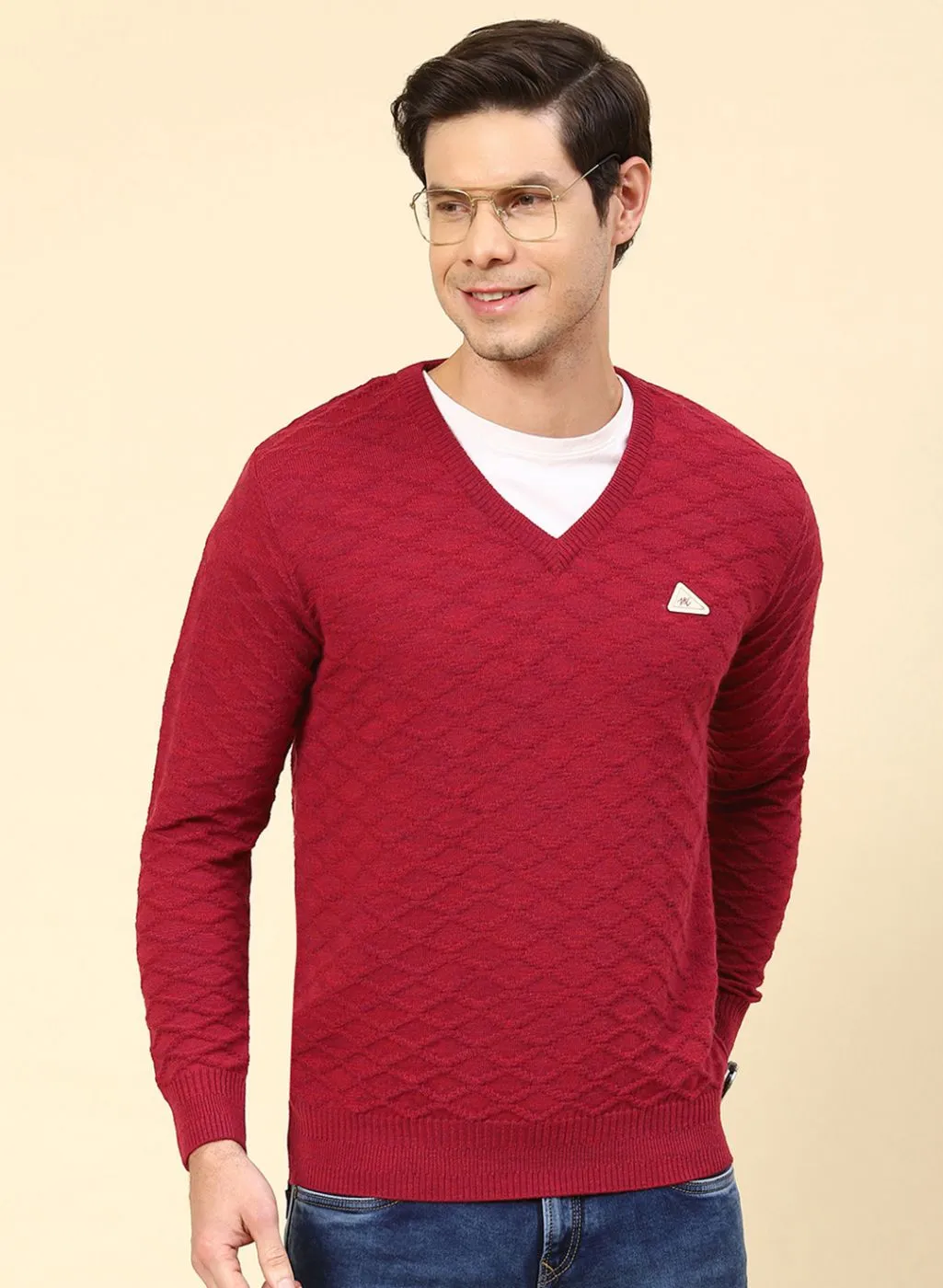 Men Red Self Design Wool blend Pullover