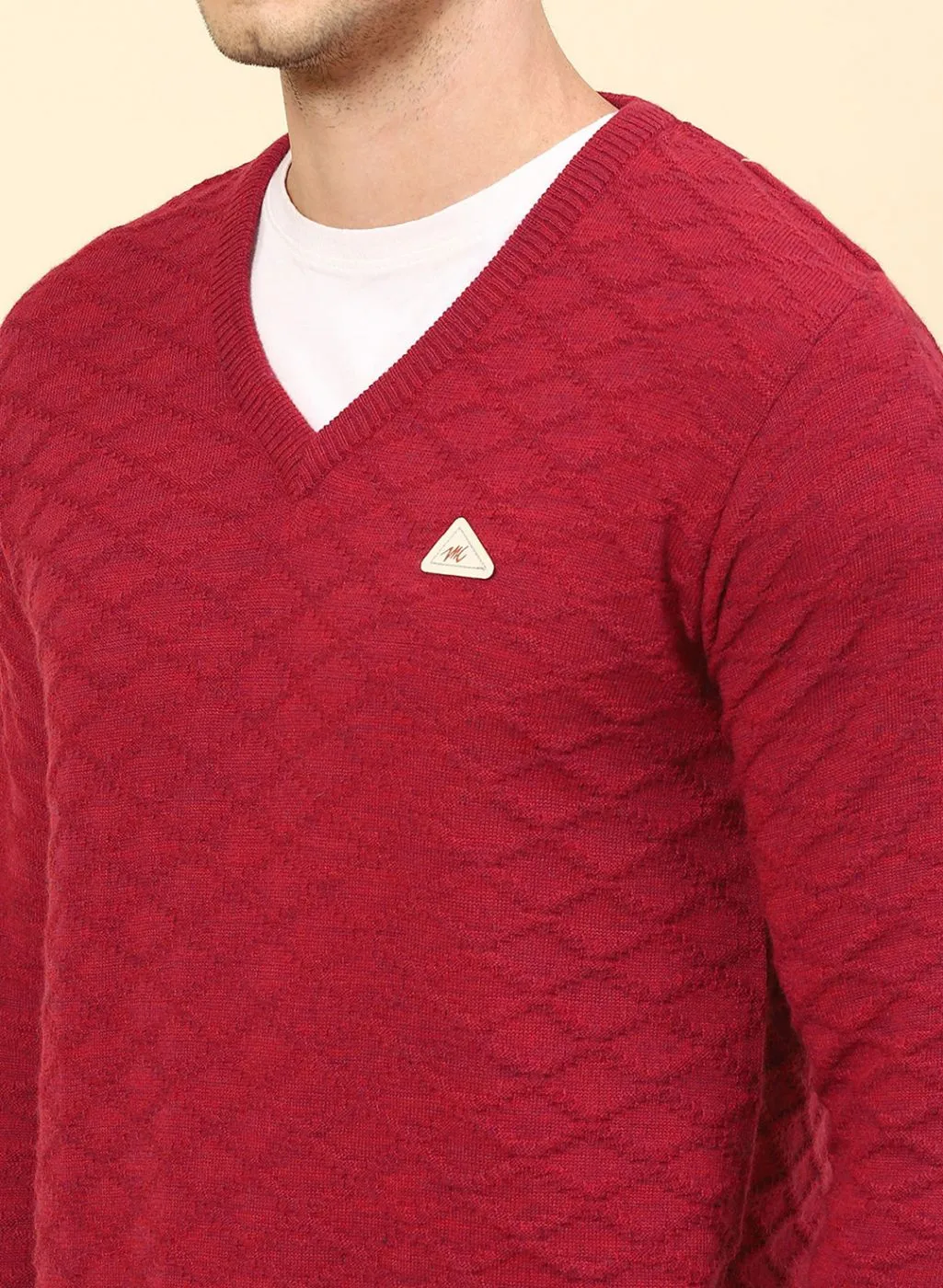 Men Red Self Design Wool blend Pullover